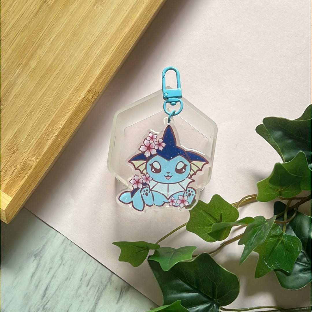 Cherry Blossoms Vaporeon Double-Sided Glitter Keychain