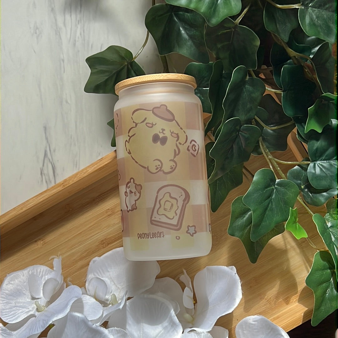 Honey Pudding Pom Pom Rin 16oz Frosted Glass Tumbler with Glass Straw