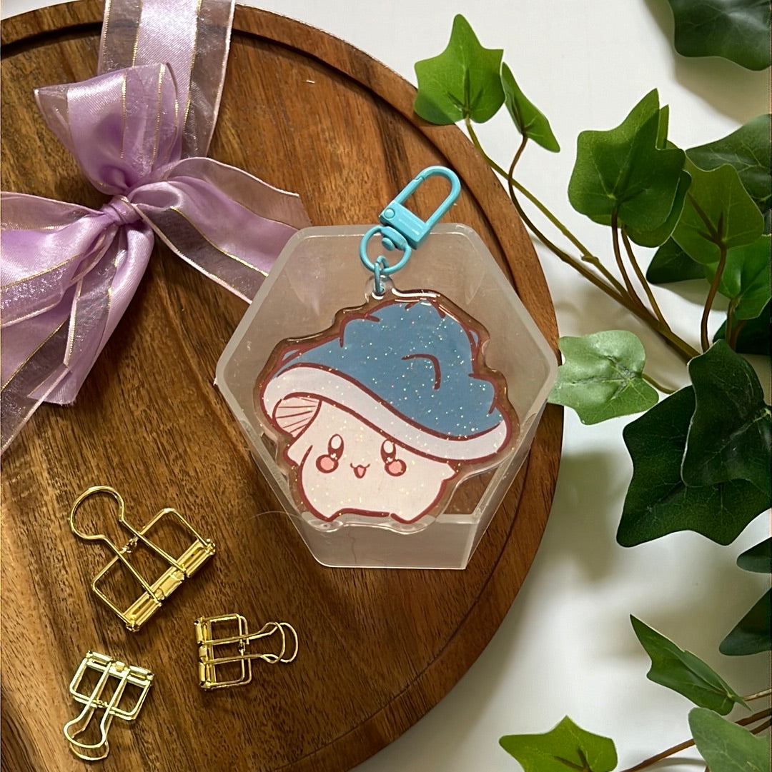 Blue Horn Mushroom Double-Sided Glitter Keychain