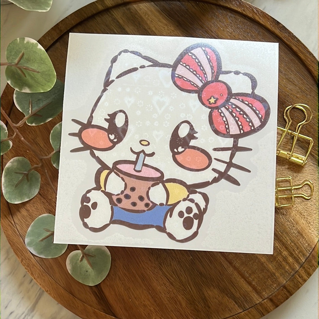 Kawaii Cat Boba Buddy Holographic Heart Decal