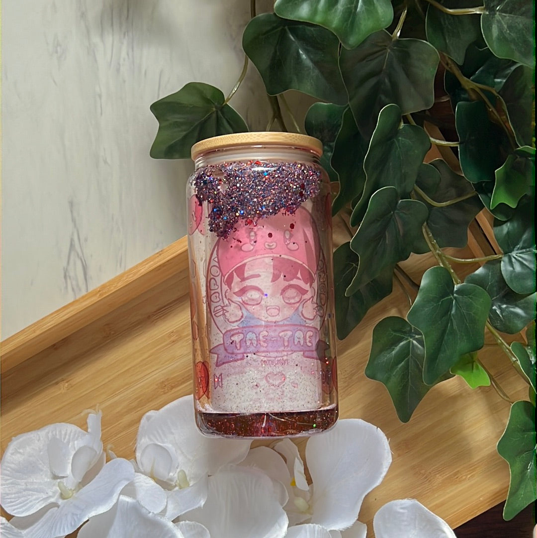 Tae-Tae Kim Taehyung - BTS Snow Globe Glass Tumbler with Glass Straw