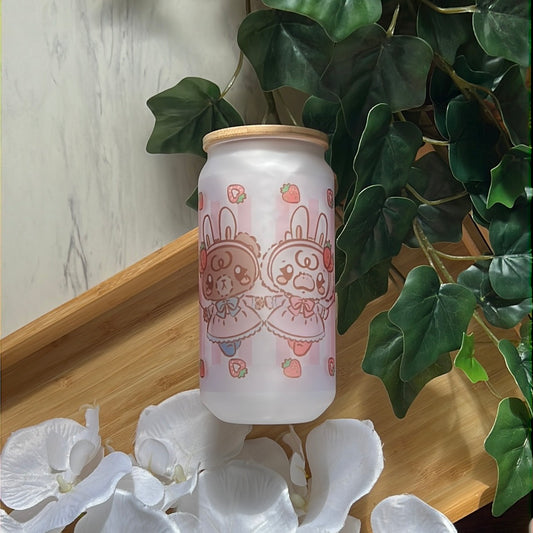 Panko & Latte Berry Cute Strawberry 16oz Frosted Glass Tumbler with Glass Straw