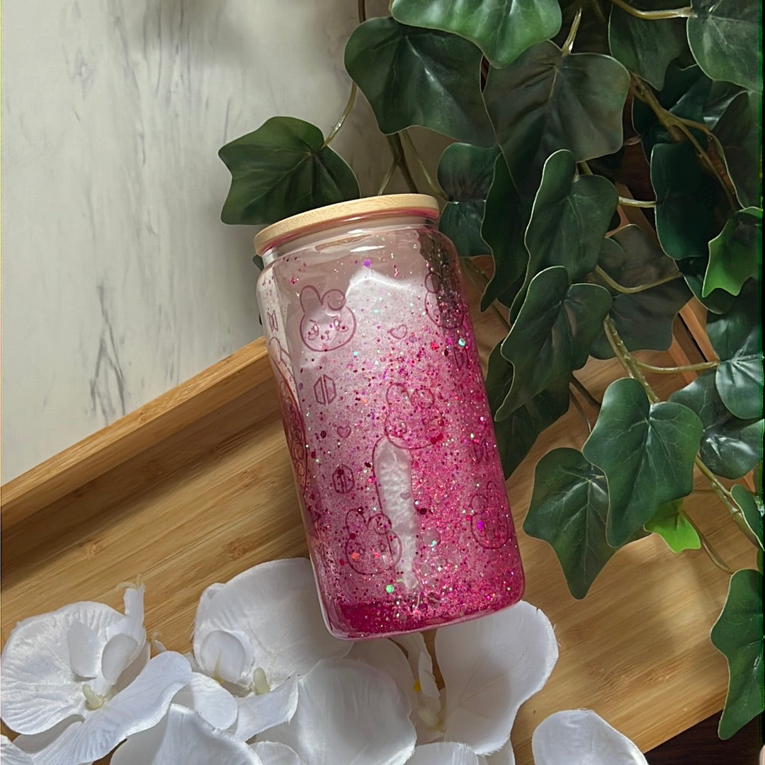 Kookie Jeon Jungkook - BTS Snow Globe Glass Tumbler with Glass Straw