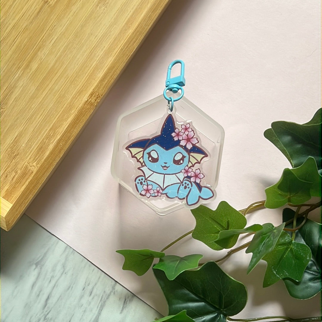 Cherry Blossoms Vaporeon Double-Sided Glitter Keychain
