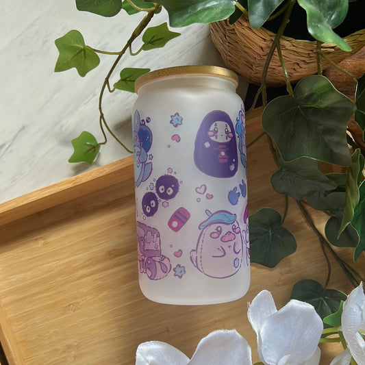 Studio Friends "Gods, Spirits & Cuties, Oh My!" 16oz Frosted Glass Tumbler with Glass Straw