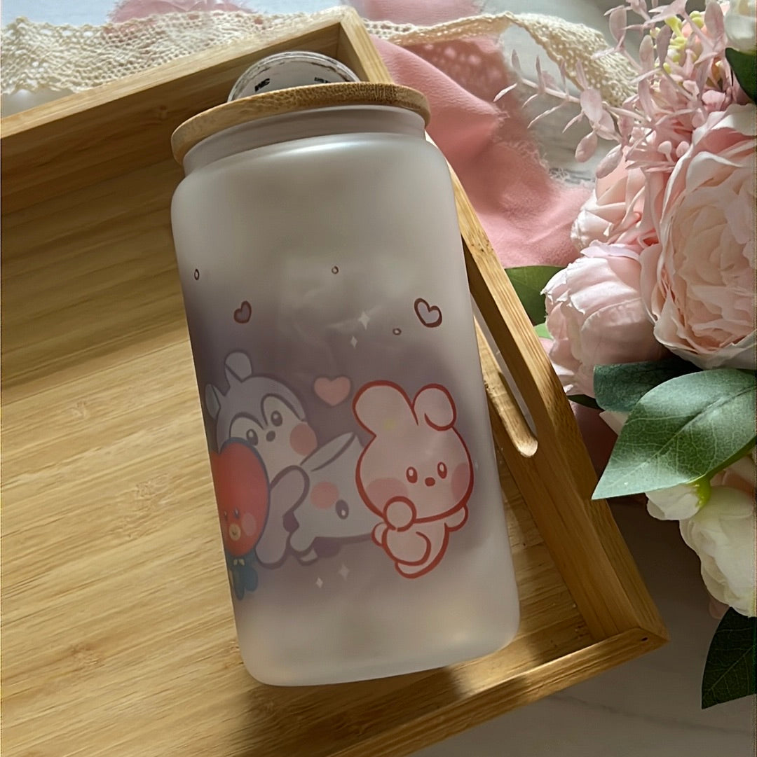 BTS BT21 Cuties 16oz Frosted Glass Tumbler with Glass Straw
