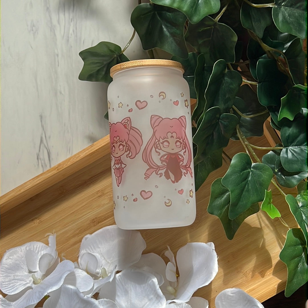 Pretty Guardian Sailor Family 16oz Frosted Glass Tumbler with Glass Straw