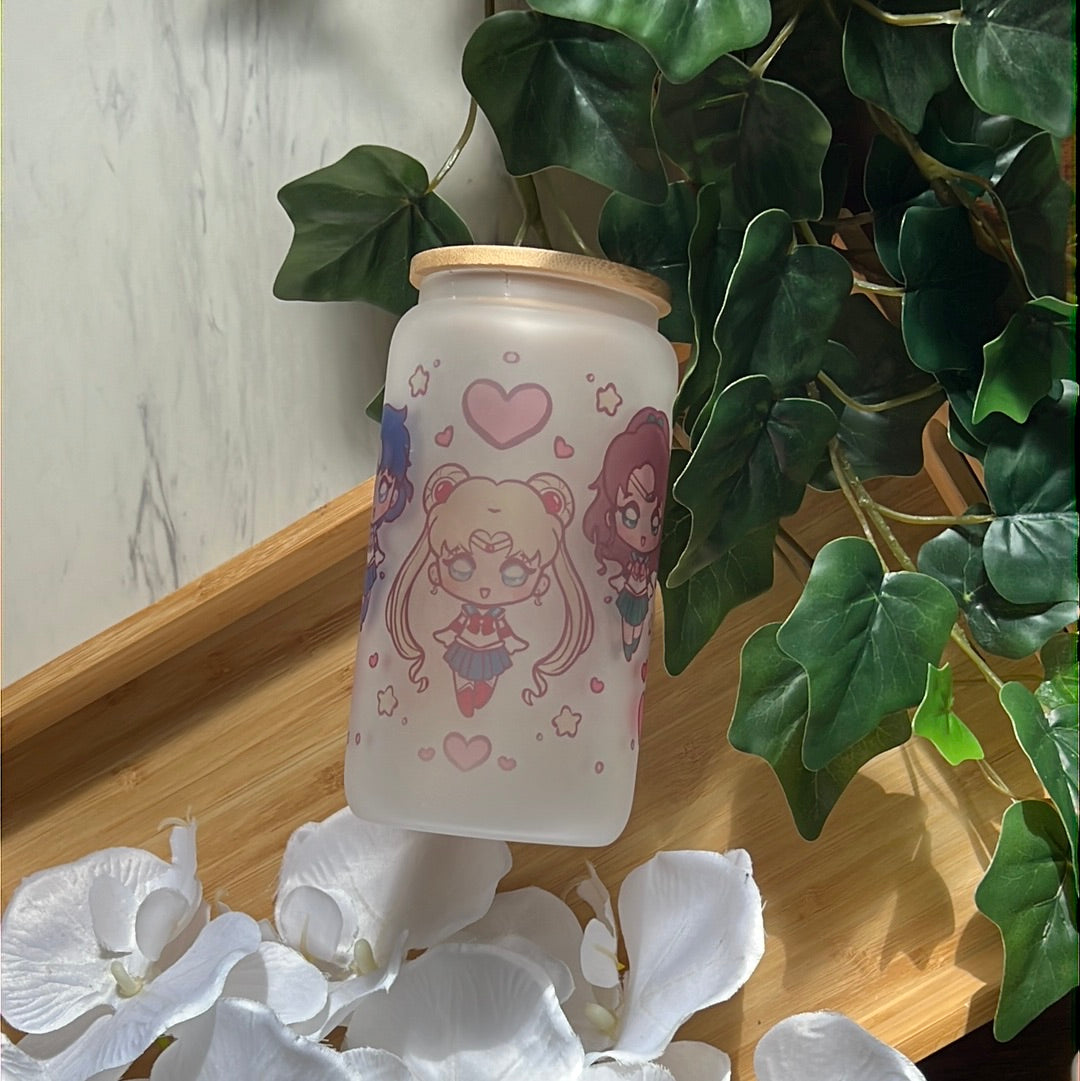Pretty Guardian Sailor Friends 16oz Frosted Glass Tumbler with Glass Straw