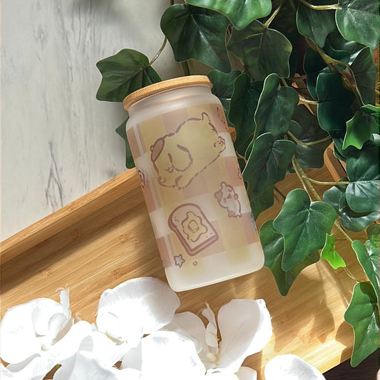 Honey Pudding Pom Pom Rin 16oz Frosted Glass Tumbler with Glass Straw