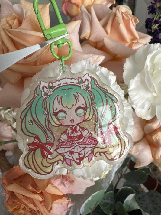 Strawberry Miku Double-Sided Glitter Keychain
