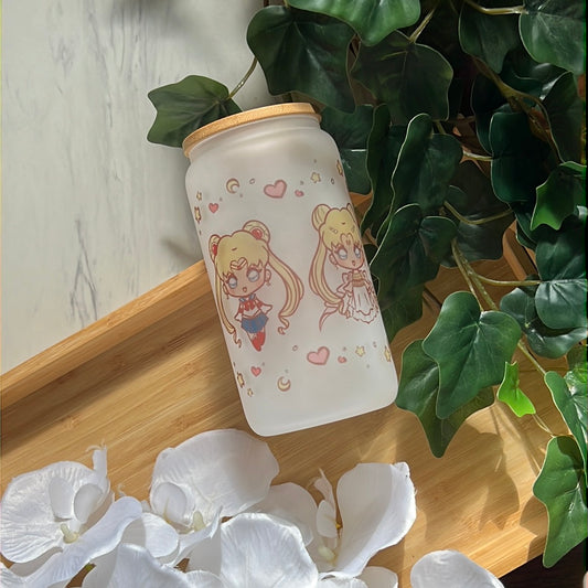 Pretty Guardian Sailor Family 16oz Frosted Glass Tumbler with Glass Straw