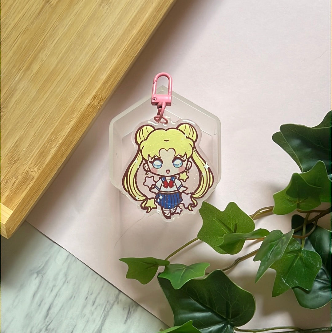 Pretty Moon Guardian Double-Sided Glitter Keychain