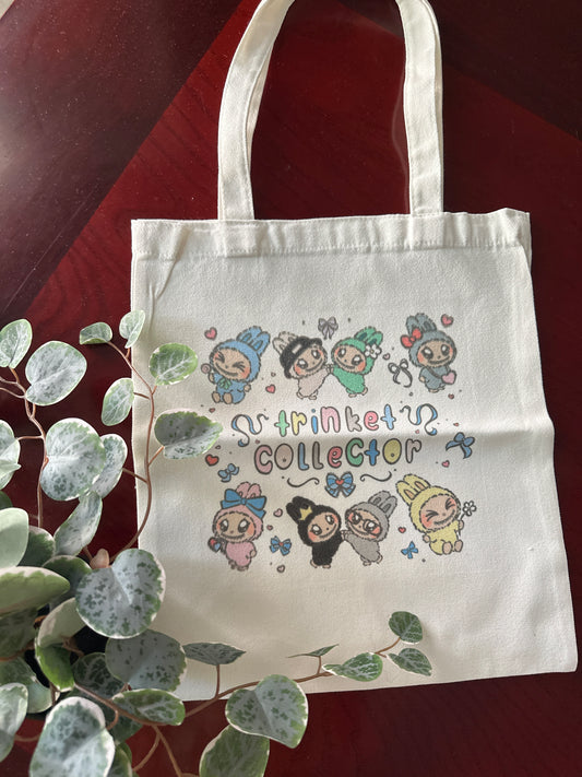 Labubu Trinket Collector White Canvas Tote Bag