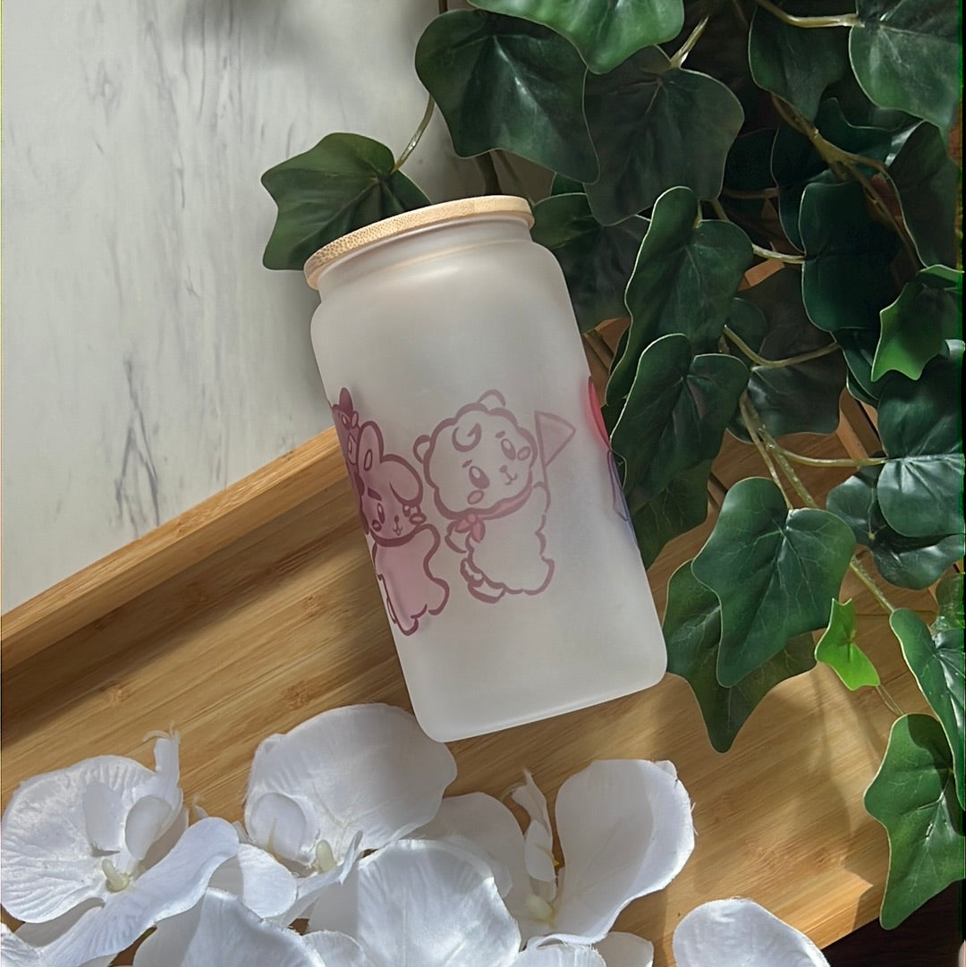 BT21 Roll Call 16oz Frosted Glass Tumbler with Glass Straw