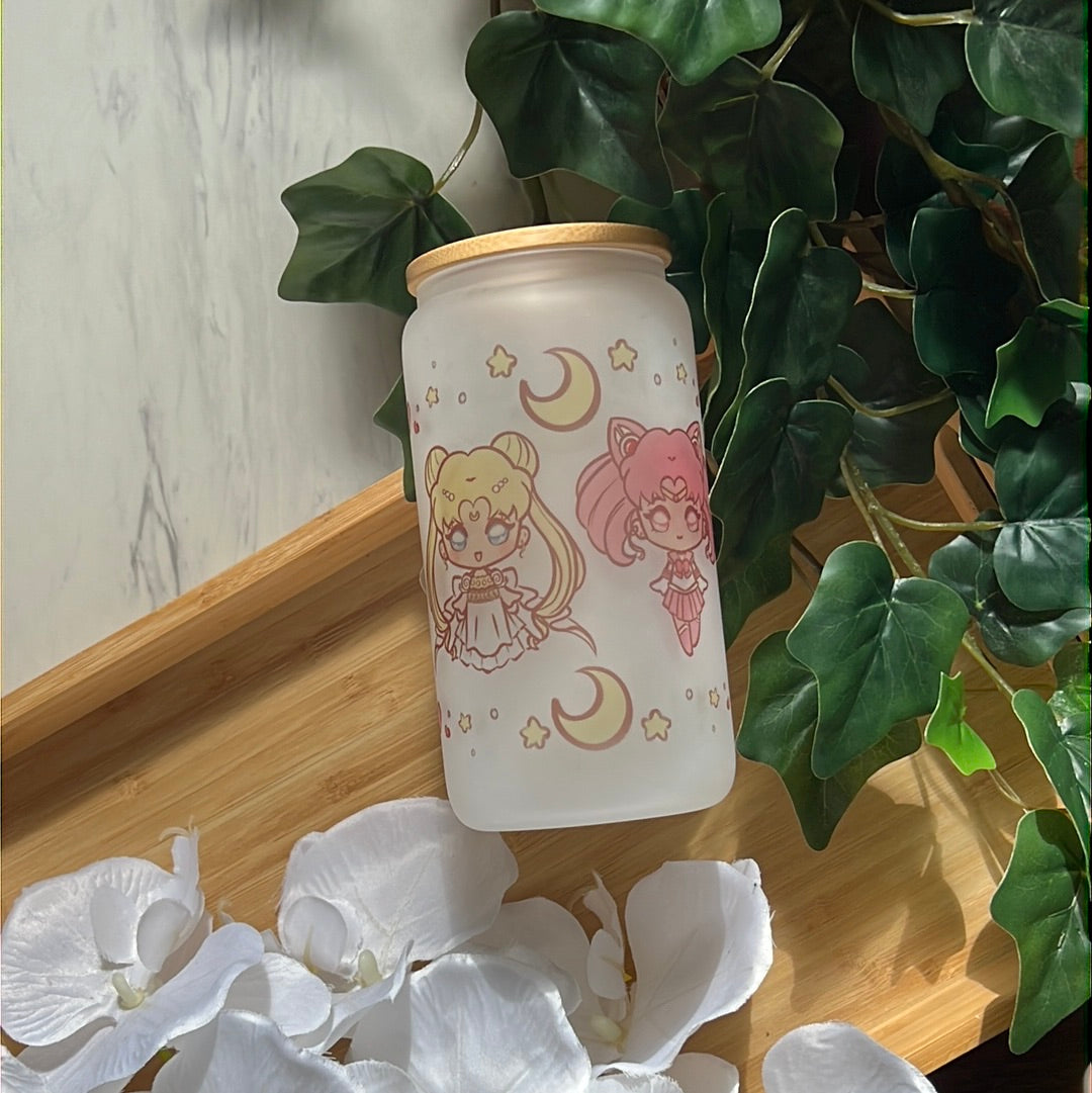 Pretty Guardian Sailor Family 16oz Frosted Glass Tumbler with Glass Straw