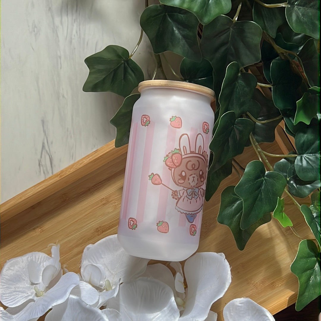 Panko & Latte Berry Cute Strawberry 16oz Frosted Glass Tumbler with Glass Straw