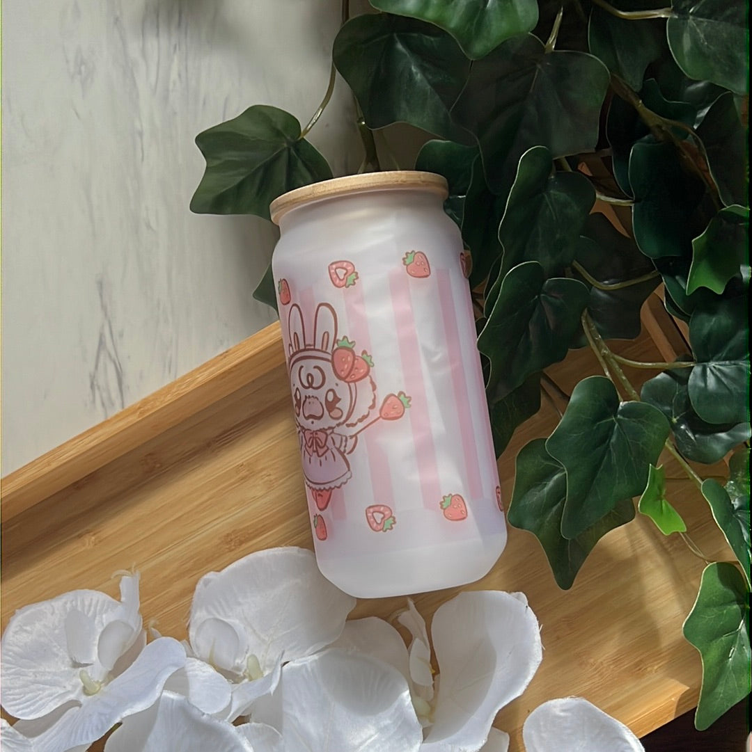 Panko & Latte Berry Cute Strawberry 16oz Frosted Glass Tumbler with Glass Straw