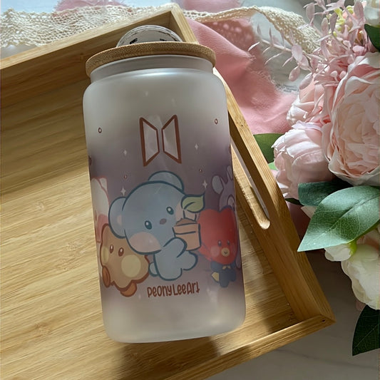 BTS BT21 Cuties 16oz Frosted Glass Tumbler with Glass Straw