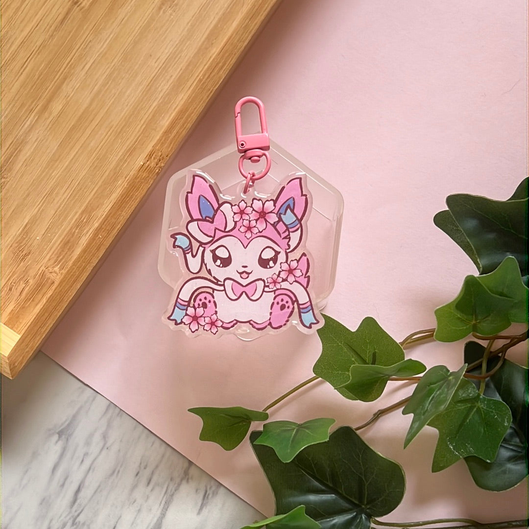Cherry Blossoms Sylveon Double-Sided Glitter Keychain