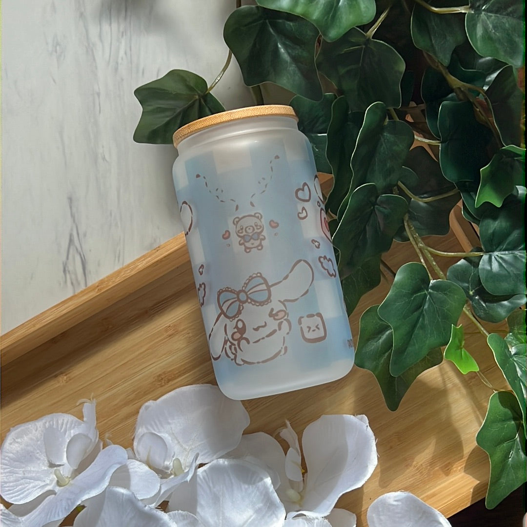 Pastel Cloud Cinna Roll 16oz Frosted Glass Tumbler with Glass Straw