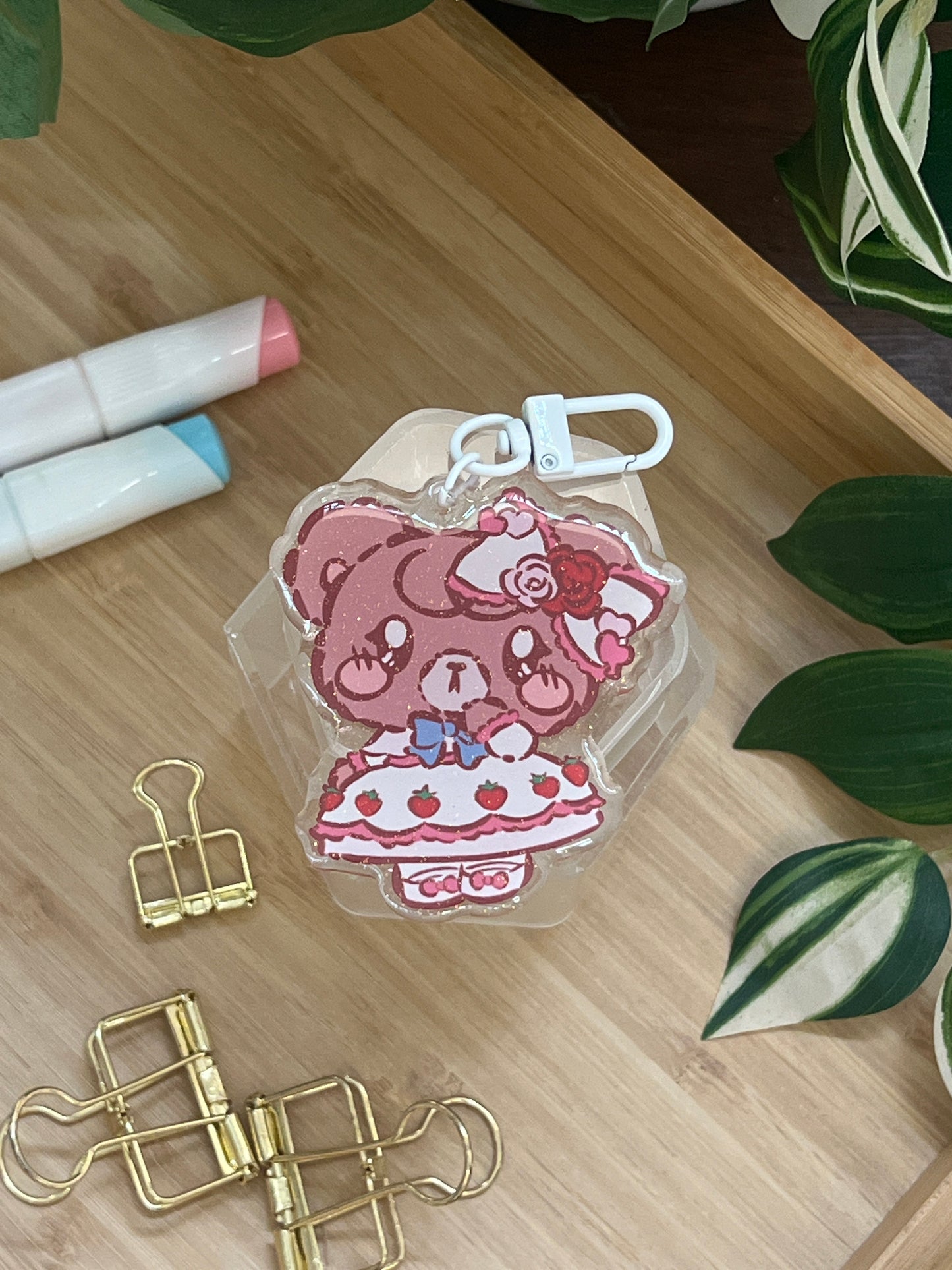 Strawberry Shortcake Latte Double-Sided Glitter Keychain