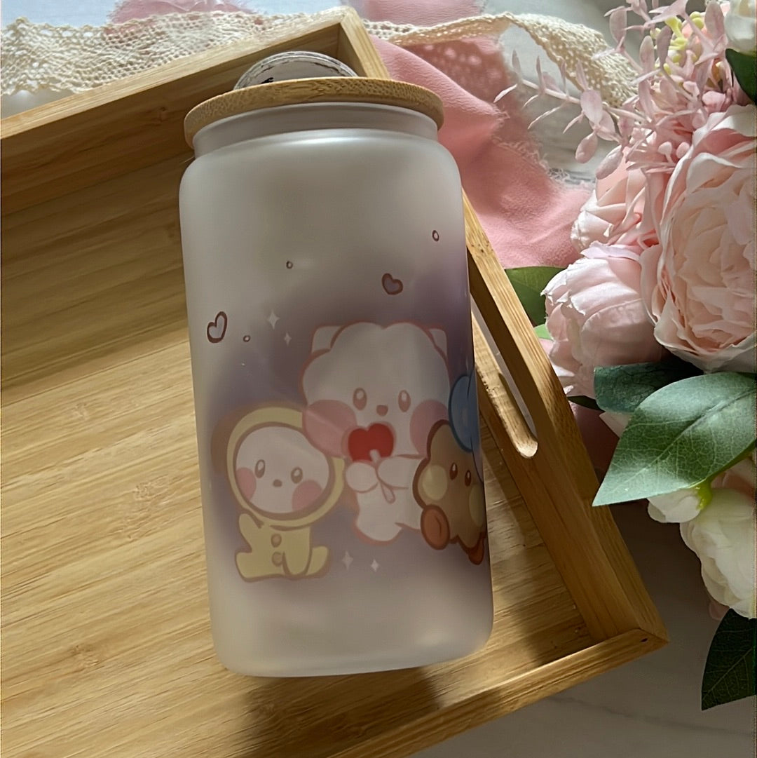 BTS BT21 Cuties 16oz Frosted Glass Tumbler with Glass Straw