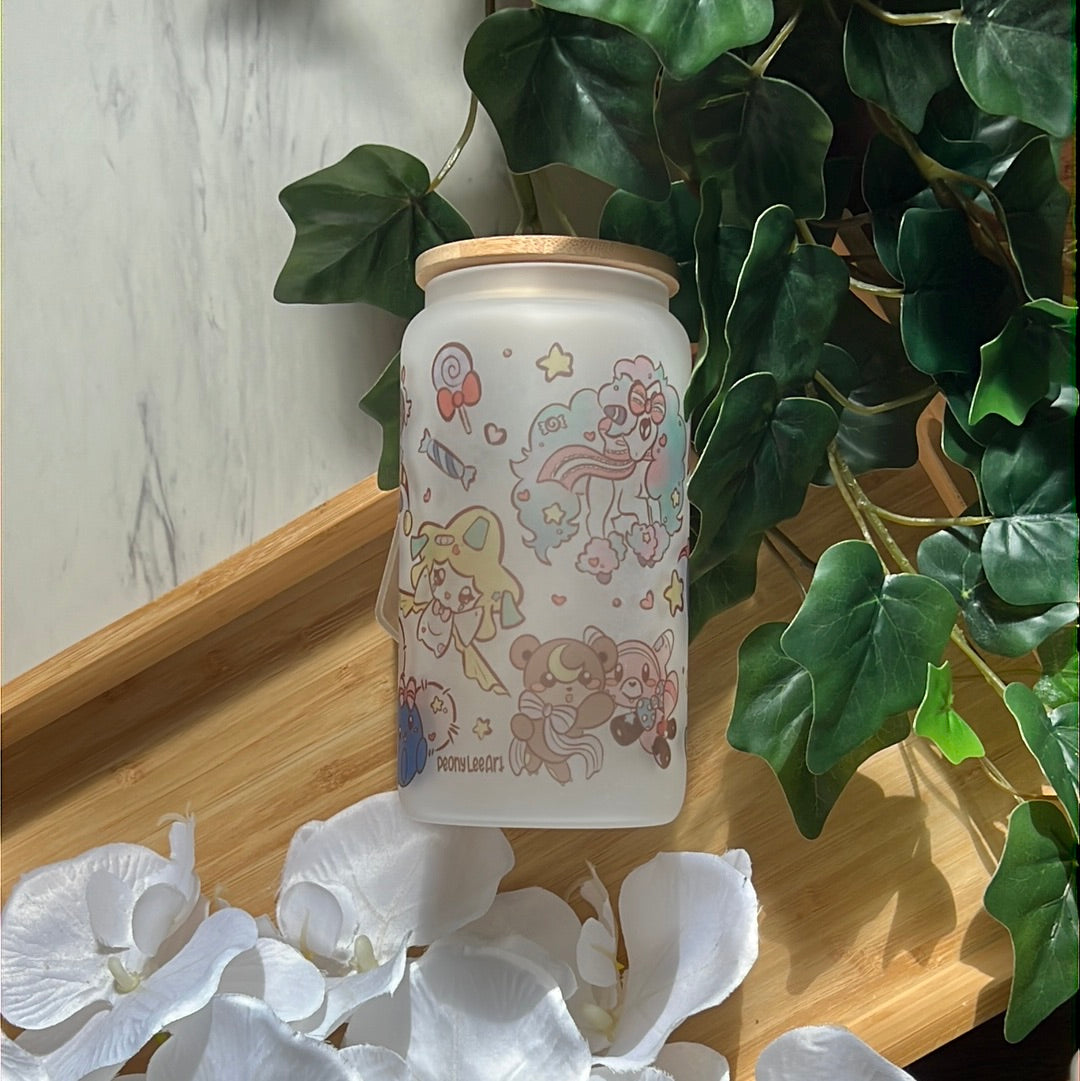 Pika Friends Pastel Candy Land 16oz Frosted Glass Tumbler with Glass Straw