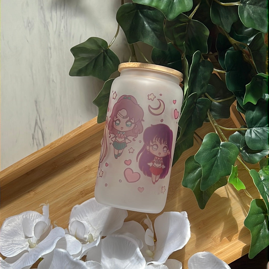 Pretty Guardian Sailor Friends 16oz Frosted Glass Tumbler with Glass Straw