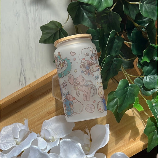 Pika Friends Pastel Candy Land 16oz Frosted Glass Tumbler with Glass Straw