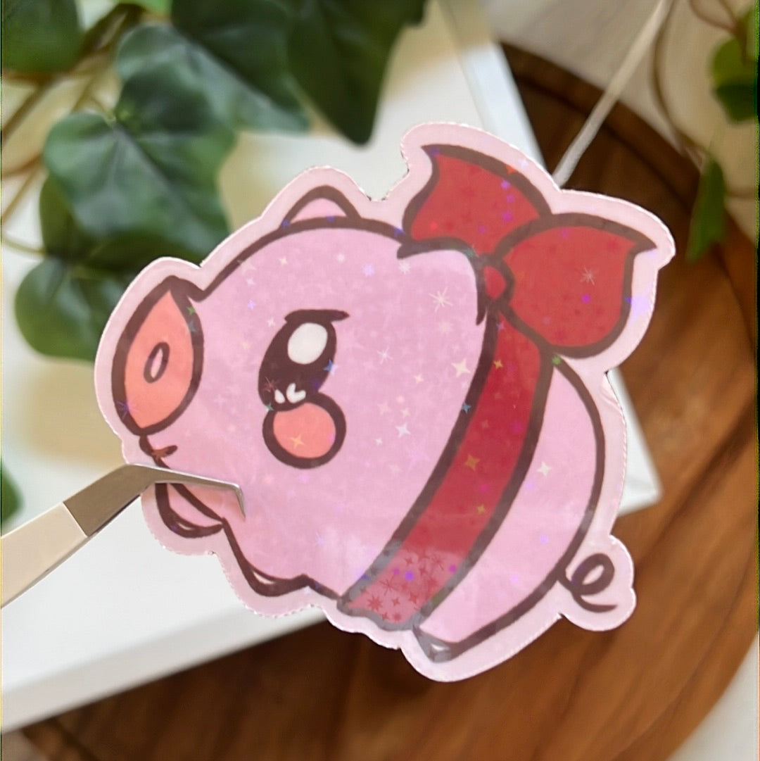 Maple Story Ribbon Pig Holographic Glitter Sticker