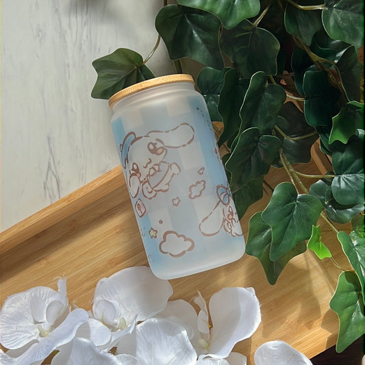 Pastel Cloud Cinna Roll 16oz Frosted Glass Tumbler with Glass Straw