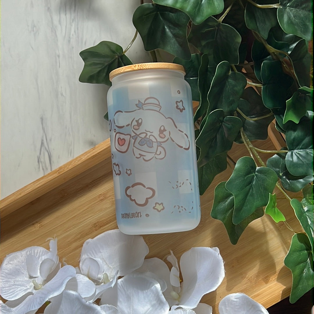 Pastel Cloud Cinna Roll 16oz Frosted Glass Tumbler with Glass Straw