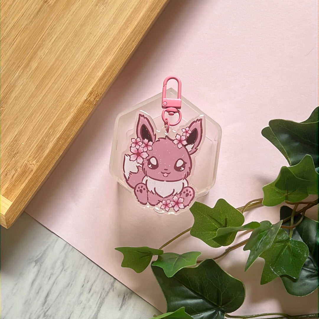 Cherry Blossoms Eevee Double-Sided Glitter Keychain