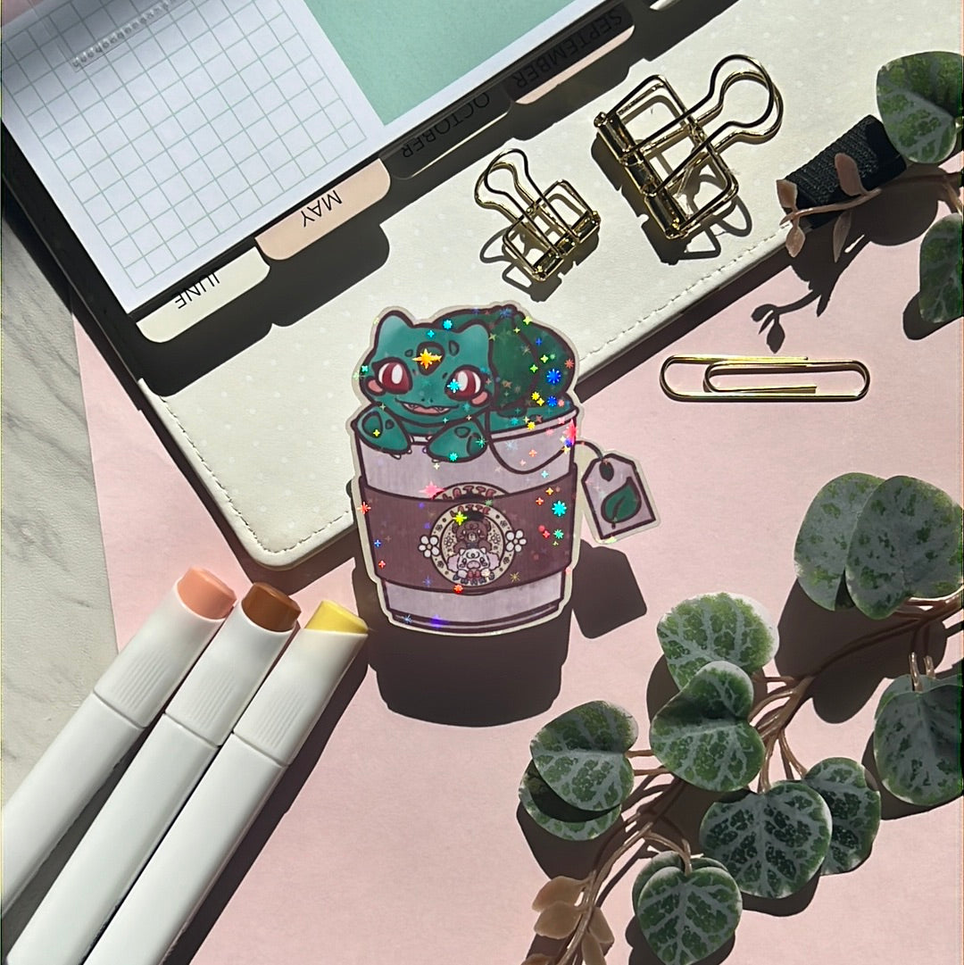 Floral Tea Bulbasaur Holographic Glitter Sticker