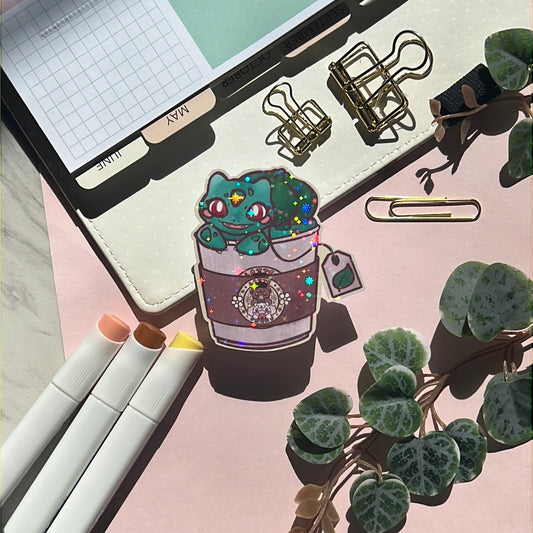 Floral Tea Bulbasaur Holographic Glitter Sticker