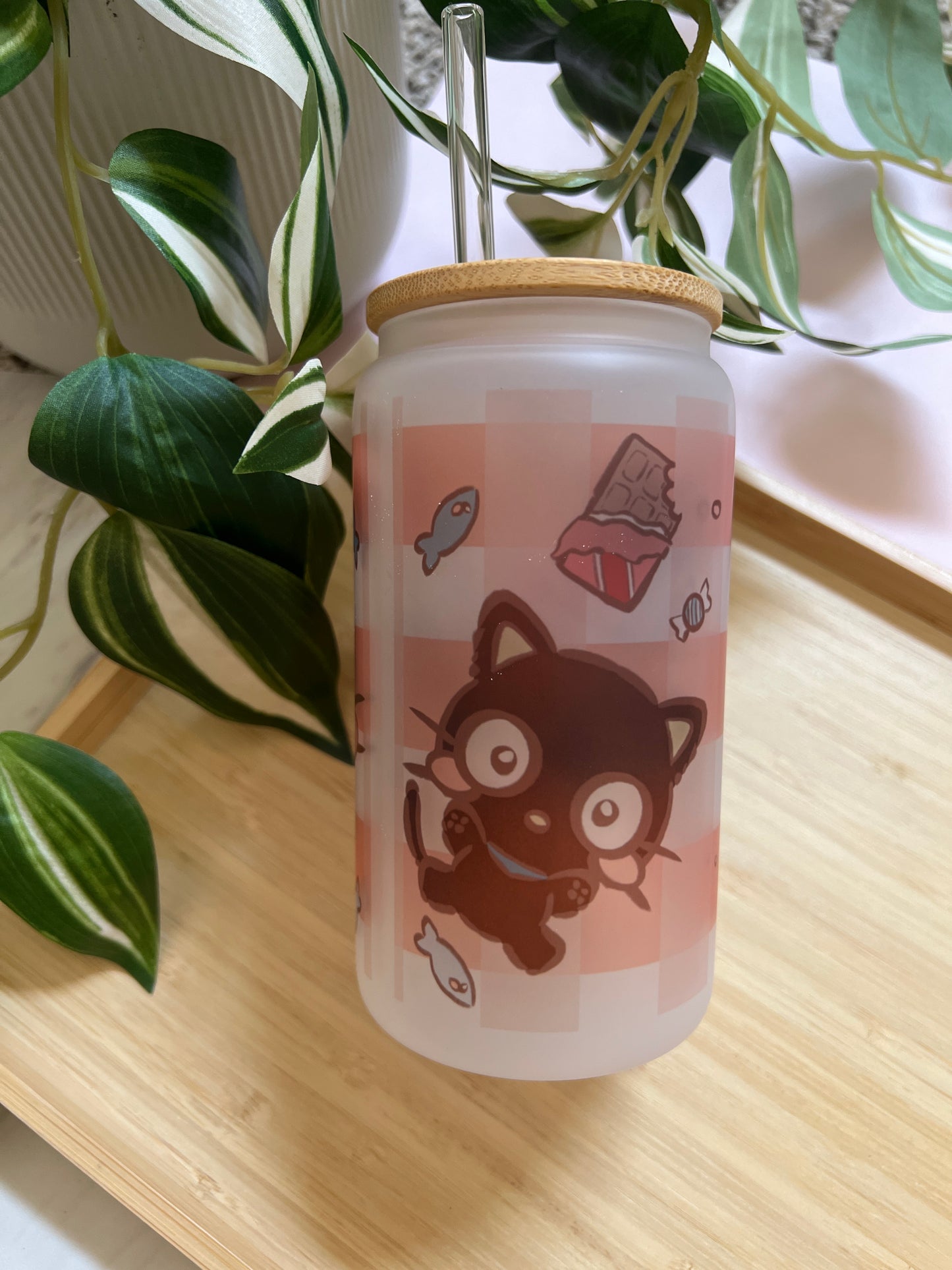 Chocolate Love Kitty 16oz Frosted Glass Tumbler with Glass Straw