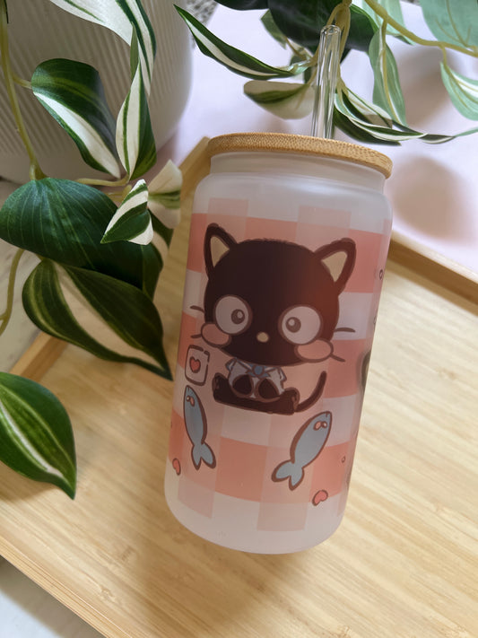 Chocolate Love Kitty 16oz Frosted Glass Tumbler with Glass Straw