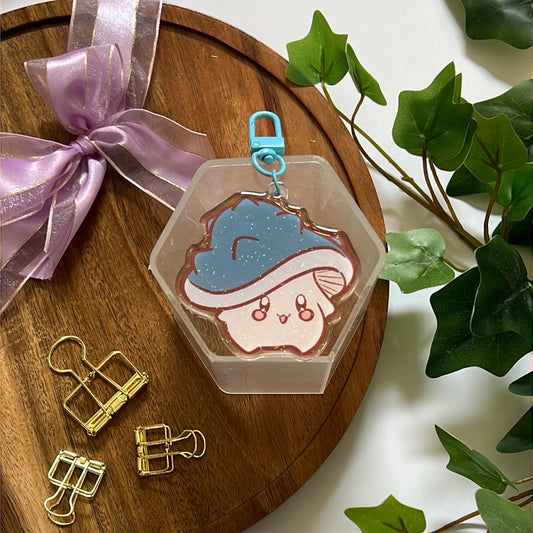 Blue Horn Mushroom Double-Sided Glitter Keychain