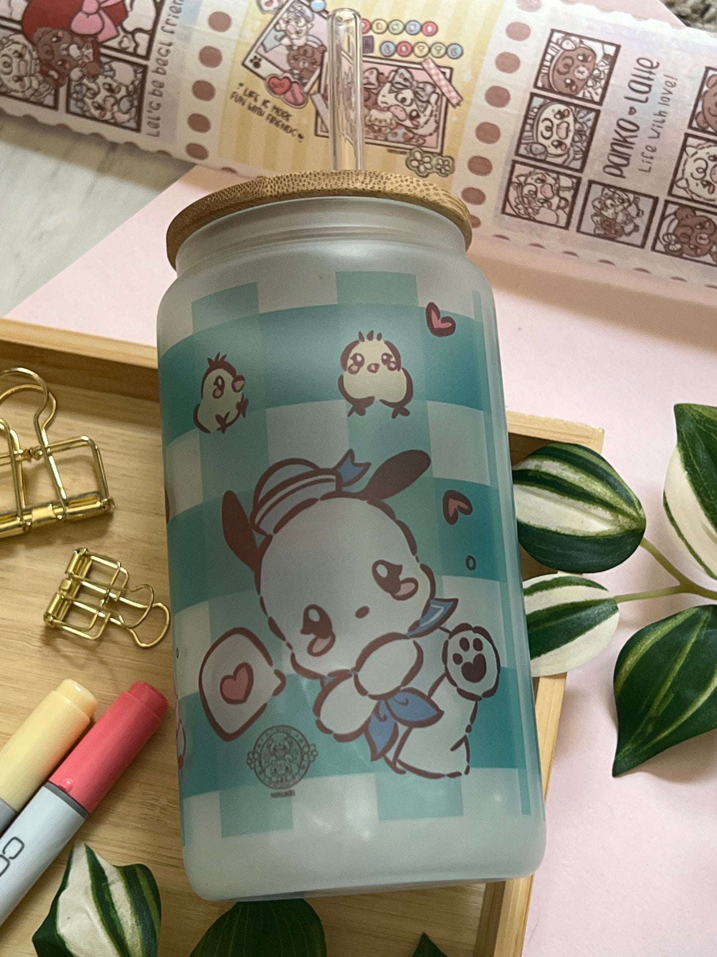 Pocha Cco Puppy 16oz Frosted Glass Tumbler with Glass Straw