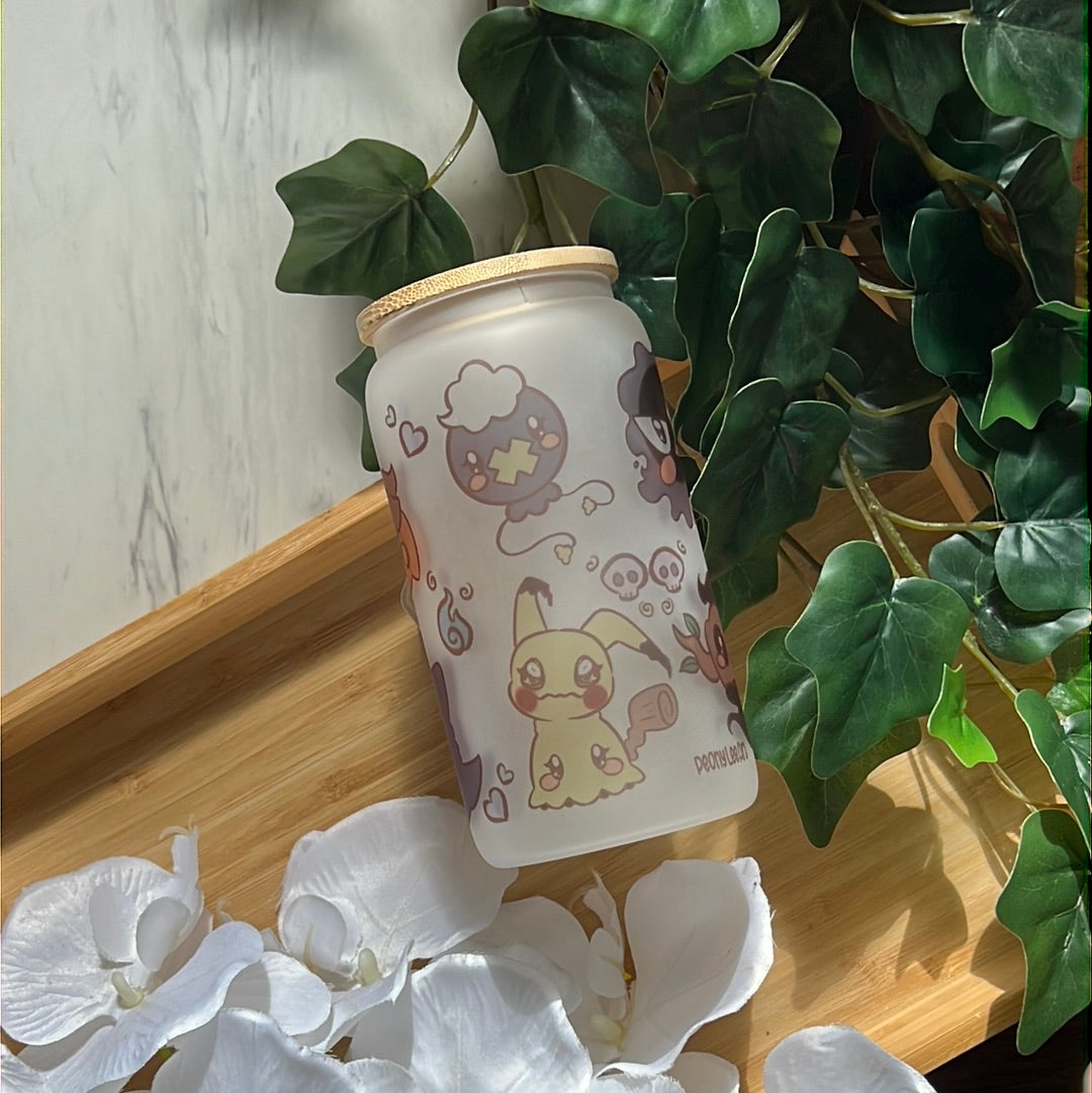 Pika Friends Spoopy Ghosties 16oz Frosted Glass Tumbler with Glass Straw