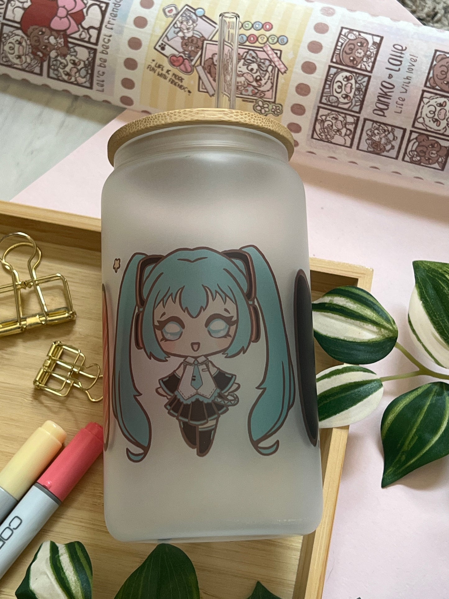 Vocaloid Pop Star 16oz Frosted Glass Tumbler with Glass Straw