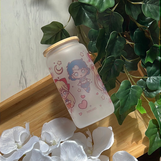 Pretty Guardian Sailor Friends 16oz Frosted Glass Tumbler with Glass Straw