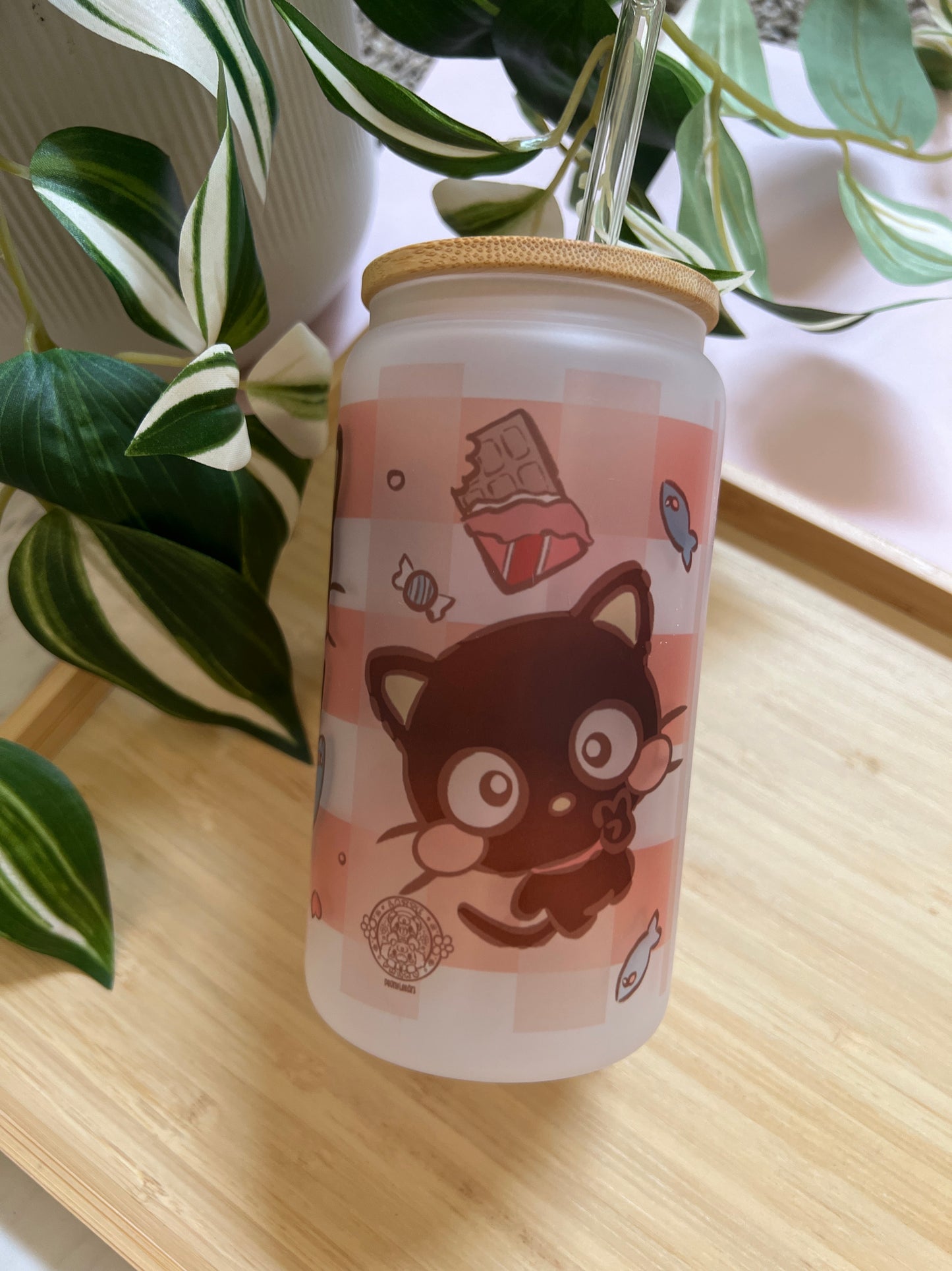 Chocolate Love Kitty 16oz Frosted Glass Tumbler with Glass Straw