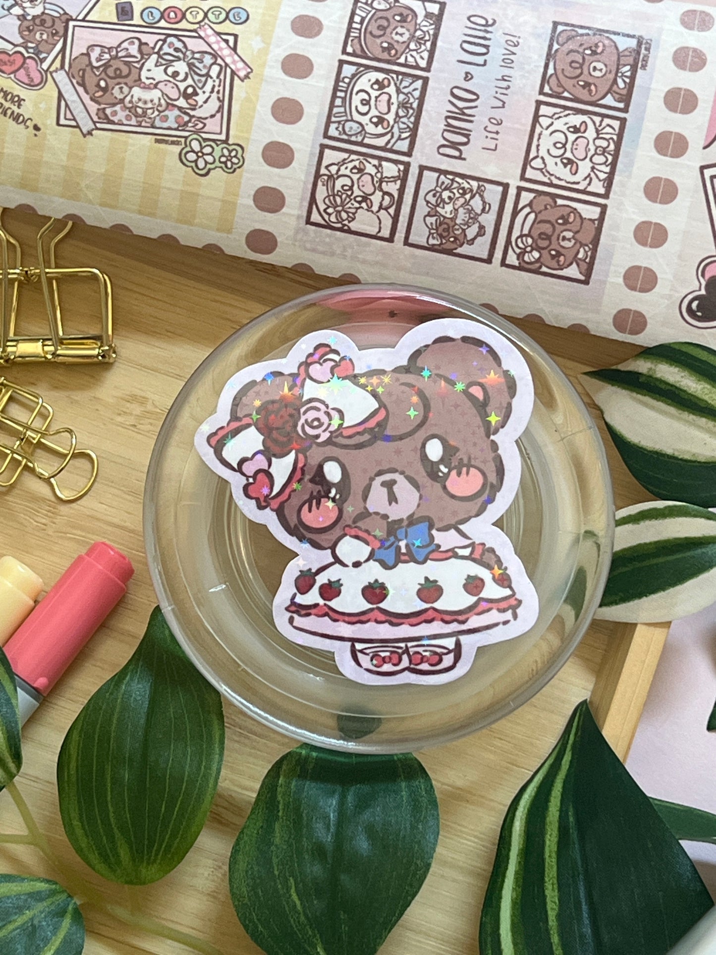 Latte Strawberry Shortcake Holographic Glitter Sticker