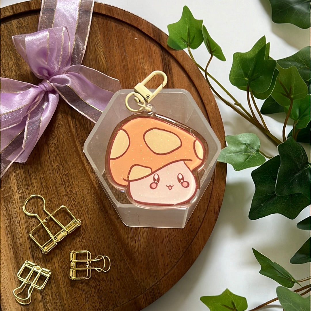 Orange Mushroom Double-Sided Glitter Keychain